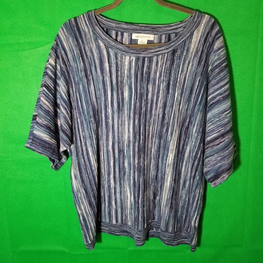 LIZ CLAIBORNE‎ Women XL Blue Striped Print Scoop Neck Knit Sweater Lightweight